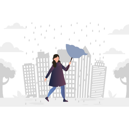 Chica caminando bajo la lluvia con paraguas  Ilustración