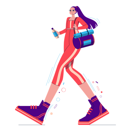 Chica caminando con bolsa de gimnasio y botella de agua.  Ilustración