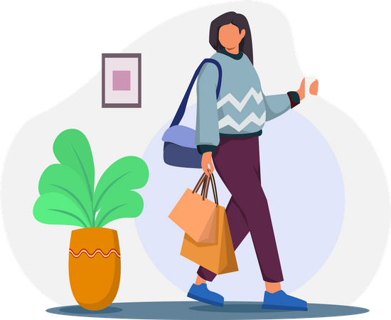 Chica caminando con bolsas de compras  Ilustración