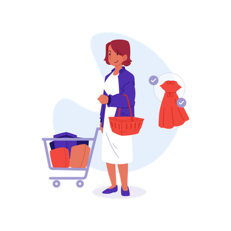 Chica caminando con carrito de compras  Ilustración