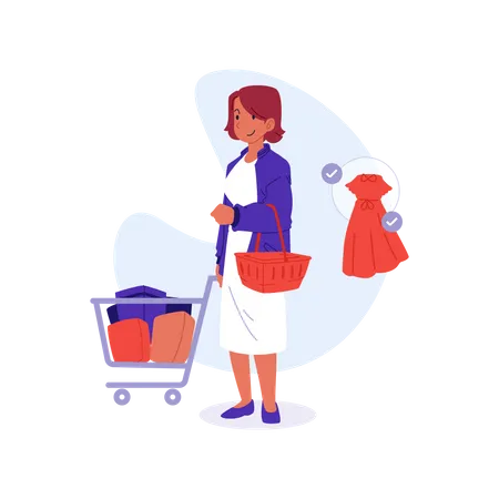 Chica caminando con carrito de compras  Ilustración