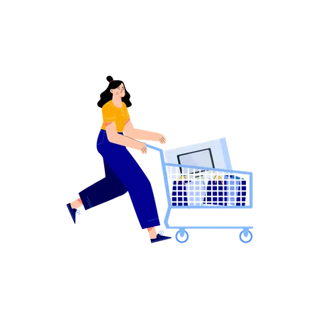 Chica caminando con carrito de compras  Ilustración