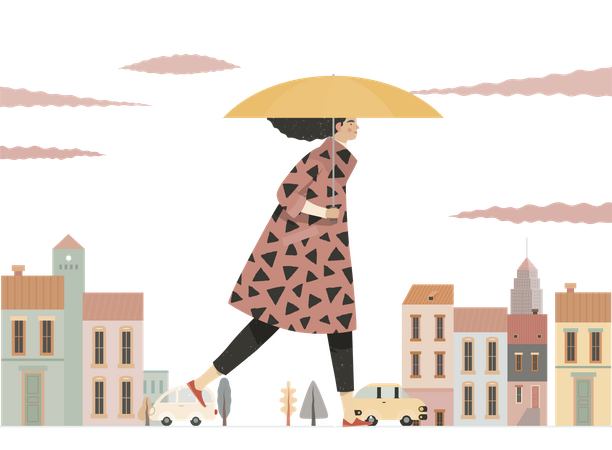 Niña caminando con paraguas bajo la lluvia  Ilustración