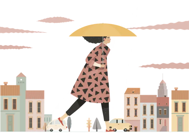 Niña caminando con paraguas bajo la lluvia  Ilustración