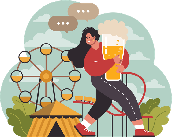 Chica caminando con vaso de cerveza  Ilustración