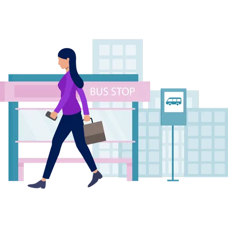 Chica caminando en lugar de esperar el autobús.  Ilustración