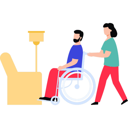 Chica cargando a un anciano en silla de ruedas  Ilustración