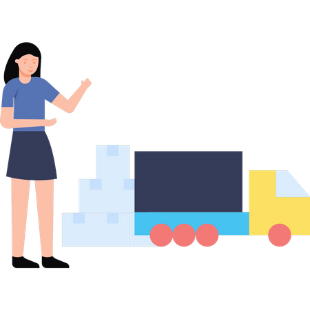 Chica cargando paquetes en un camión de reparto  Ilustración