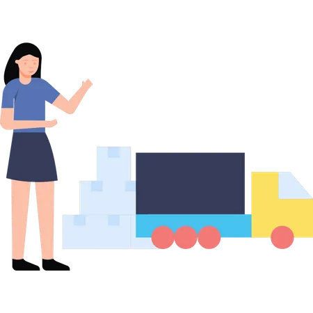 Chica cargando paquetes en un camión de reparto  Ilustración