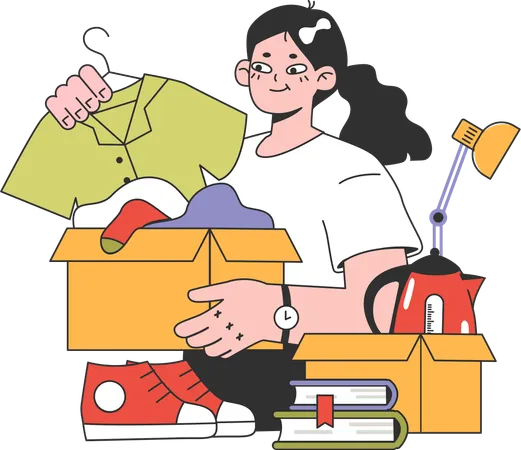 Chica cargando caja de ropa  Ilustración
