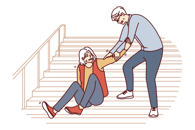 Chica cayendo por las escaleras y hombre ayudando a la chica  Ilustración