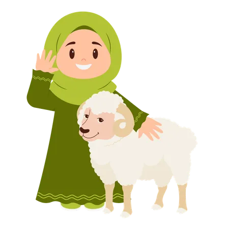 Niña celebra Eid Al Adha con ovejas  Ilustración