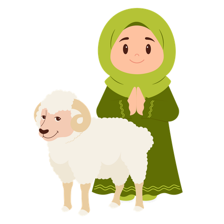 Niña celebra Eid Al Adha con ovejas  Ilustración