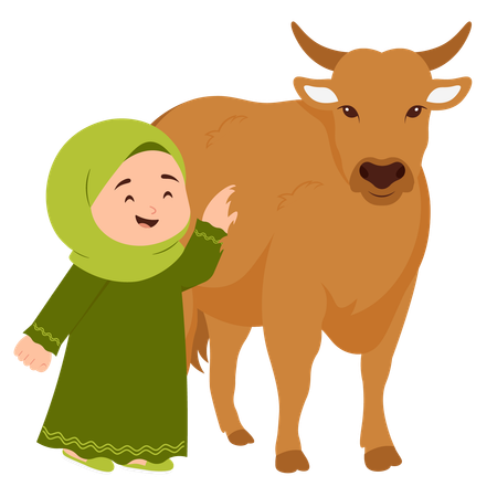 Niña celebra Eid Al Adha con vaca  Ilustración