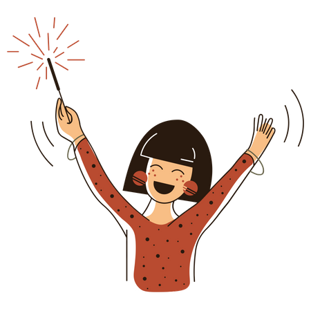 Niña celebrando año nuevo con fuegos artificiales  Ilustración