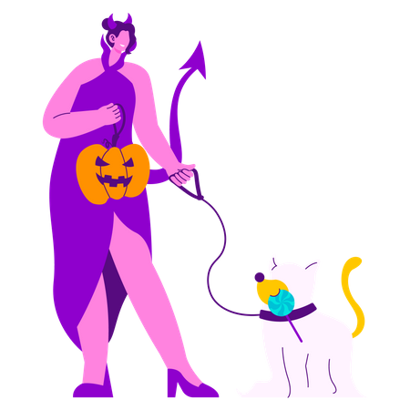 Niña celebrando halloween con mascota  Ilustración