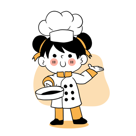 Niña chef sosteniendo una sartén  Ilustración