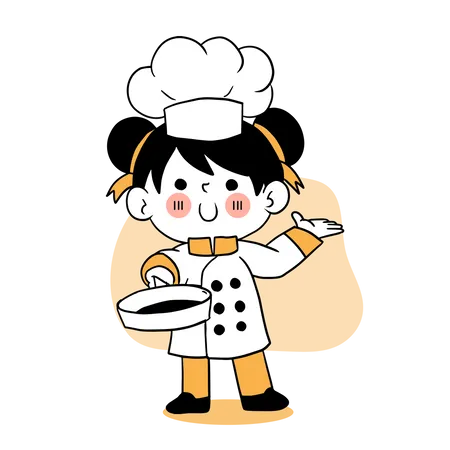 Niña chef sosteniendo una sartén  Ilustración