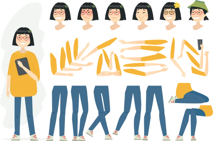 Nina China Constructor De Personajes De Dibujos Animados Vectoriales Aislado Sobre Fondo Blanco Conjunto De Diferentes Expresiones Faciales De Un Adolescente Emociones Poses Gestos Para Animacion Diferentes Gafas Ilustración