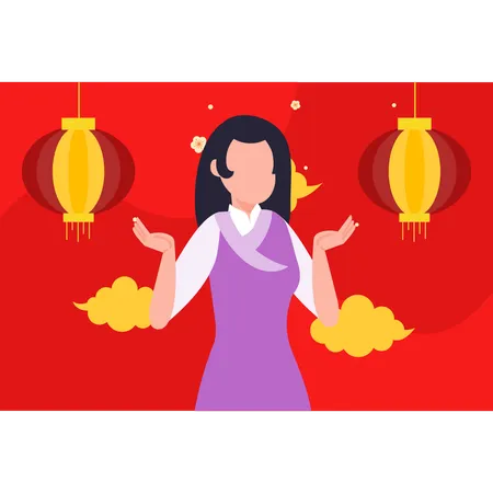 Niña china celebrando el año nuevo.  Ilustración