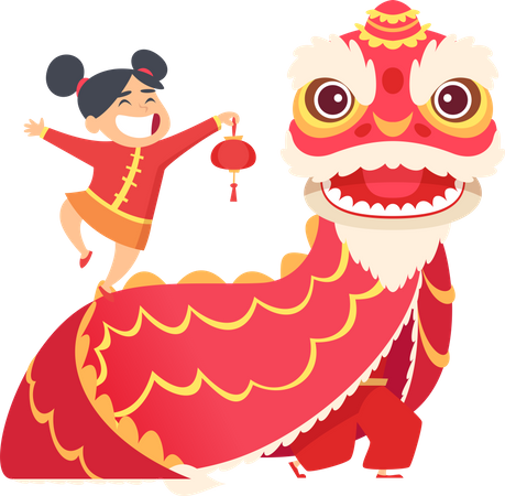 Niña china y dragón  Ilustración