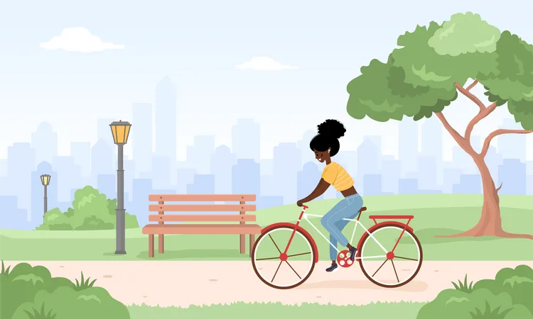 Mujer Africana En Paseos En Bicicleta Por La Ciudad Paisaje Primaveral Fondo De Verano Linda Joven Feliz En Bicicleta En El Parque Actividad Deportiva Y De Ocio Al Aire Libre Ilustracion Vectorial En Estilo De Dibujos Animados Planos Ilustración