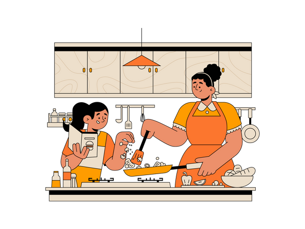 Niña cocinando comida con madre  Ilustración