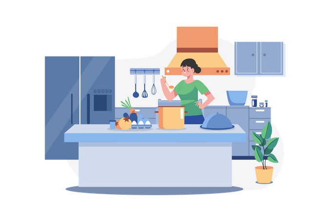 Chica cocinando comida en el escritorio de la cocina  Ilustración