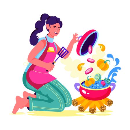 Chica cocinando comida en una fogata  Ilustración