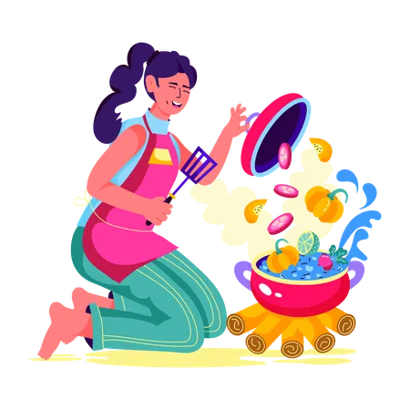 Chica cocinando comida en una fogata  Ilustración