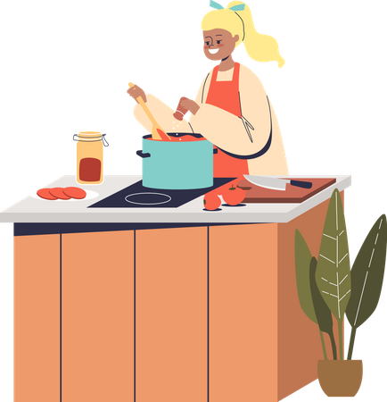 Niña cocinando en la cocina  Ilustración