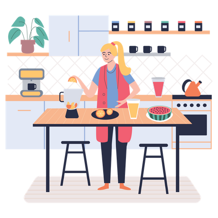 Niña cocinando en la cocina  Ilustración