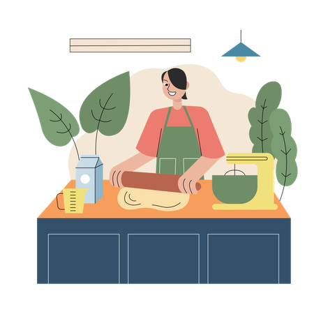 Niña cocinando en la cocina  Ilustración