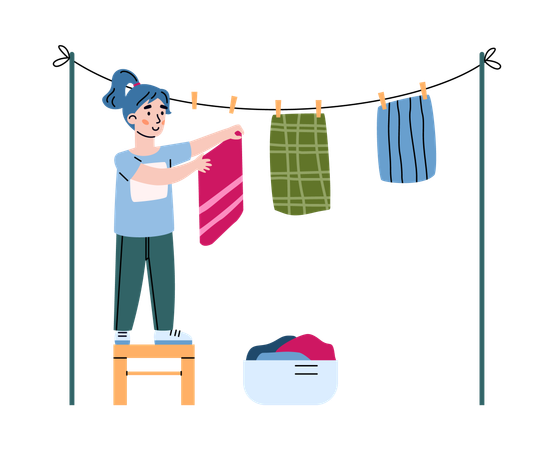 Niña colgando ropa en una cuerda para colgar  Ilustración