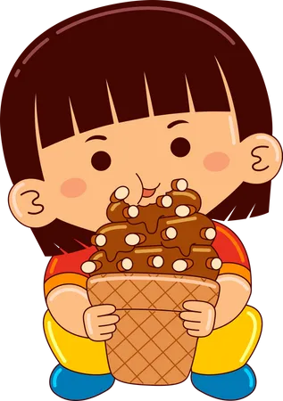 Chica comiendo café cono de helado de almendras  Ilustración