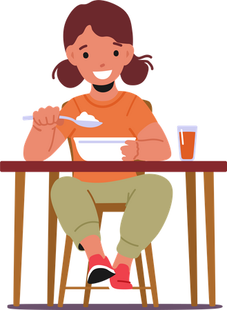 Niña comiendo comida mientras está sentada en la mesa  Ilustración