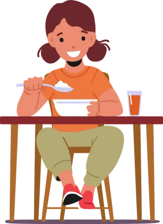 Niña comiendo comida mientras está sentada en la mesa  Ilustración