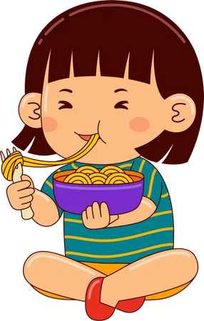 Niña comiendo fideos  Ilustración