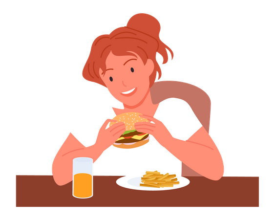 Niña comiendo hamburguesa  Ilustración