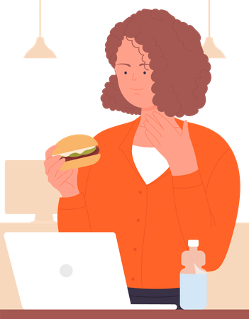 Chica comiendo hamburguesa en la oficina  Ilustración