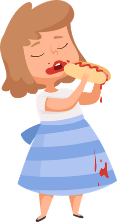 Chica comiendo hot dog y derramando ketchup en la ropa  Ilustración