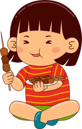 Niña comiendo satay  Ilustración