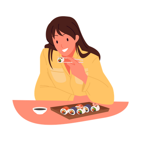 Niña comiendo sushi  Ilustración