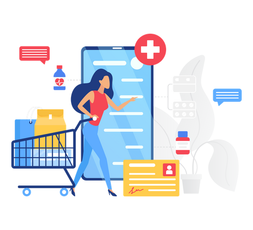 Chica comprando medicamentos online  Ilustración