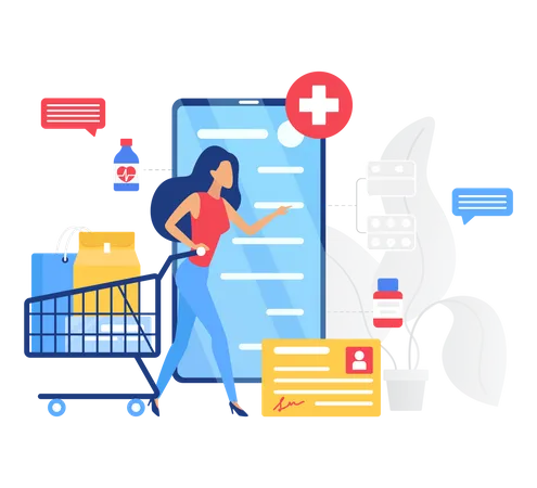 Chica comprando medicamentos online  Ilustración