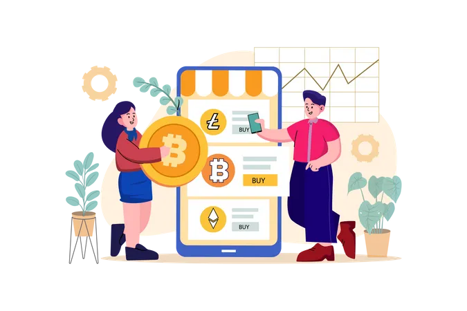 Chica comprando bitcoins en un intercambio de criptomonedas  Ilustración