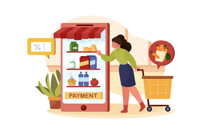 Chica comprando comestibles con descuento en línea en casa  Ilustración