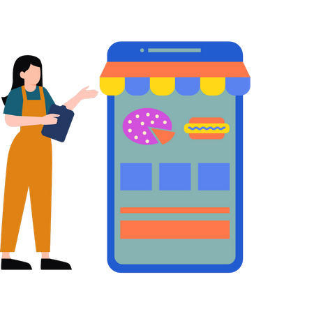 Niña comprando comida en línea  Ilustración