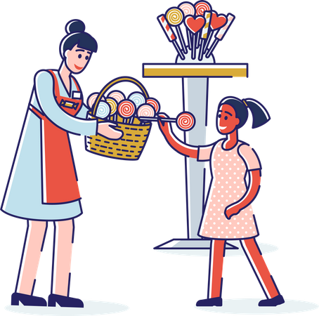 Chica comprando dulces en un palo de la dueña de una tienda de dulces  Ilustración