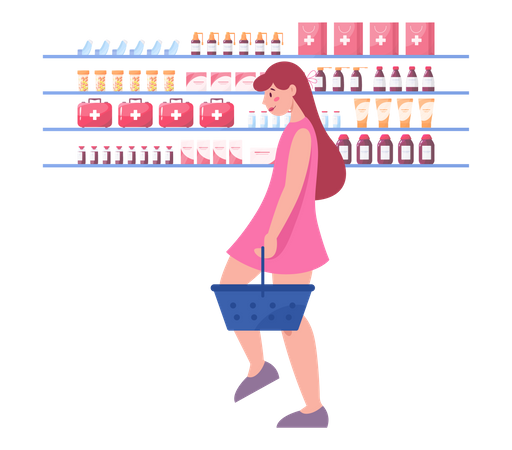 Chica comprando medicamentos en la farmacia  Ilustración